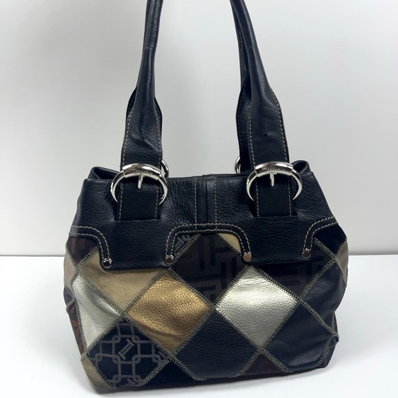 Tignanello Handbags - TIGNANELLO Leather Bucket Purse Metallic Patchwork Silver Buckles Black Studded